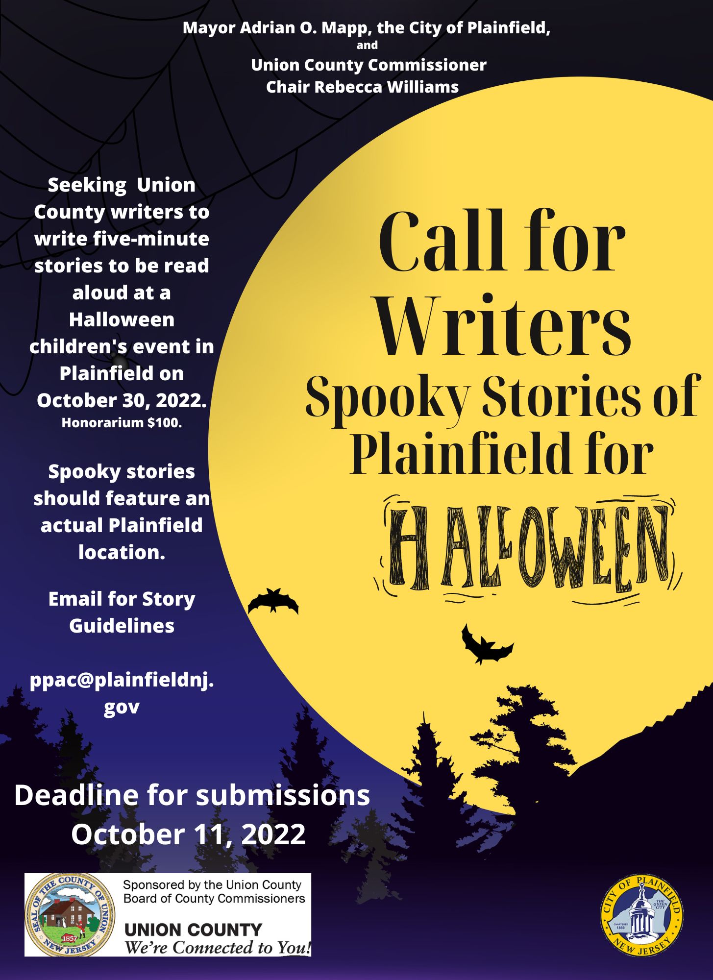 Final  Flyer Call for writers Spooky Stories of Plainfield (8 × 11 in)